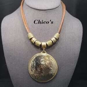 Chico's Sliding Charms Hammered Pendant Necklace Brown Leather Suede Cords, 21"